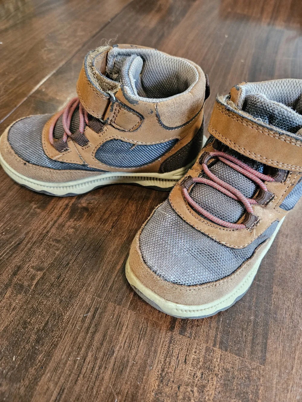 OshKosh B'gosh Brown and Gray Kids High-Top Boots with Red Laces